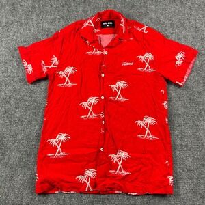 Full Send Button Up Shirt Mens Large Red Palm Tree Print Viscose Short Sleeve